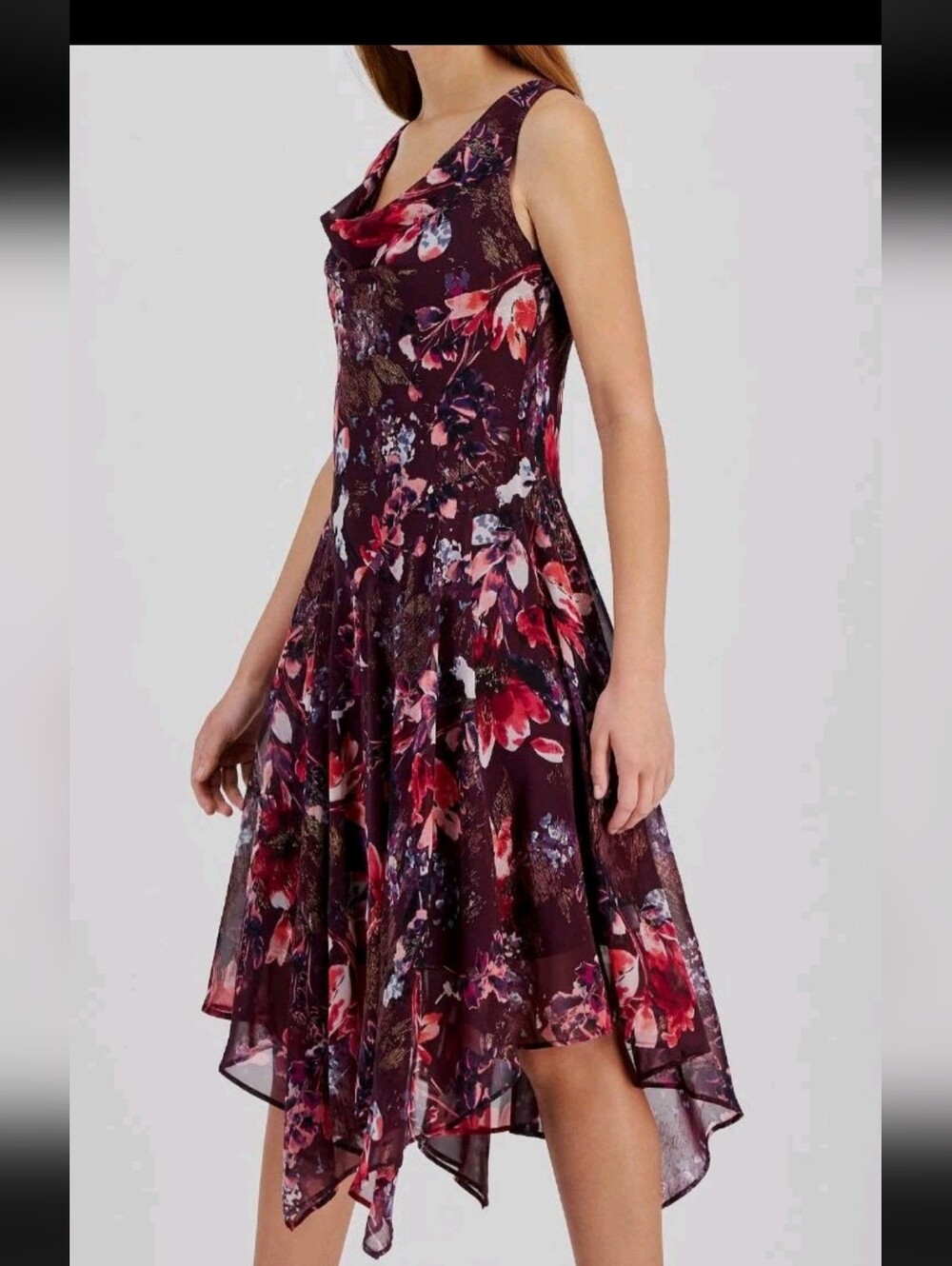 Signature by Robbie Bee Floral Midi Dress Sz 8 Purple Pink Sleeveless Cowl Neck - Picture 2 of 11